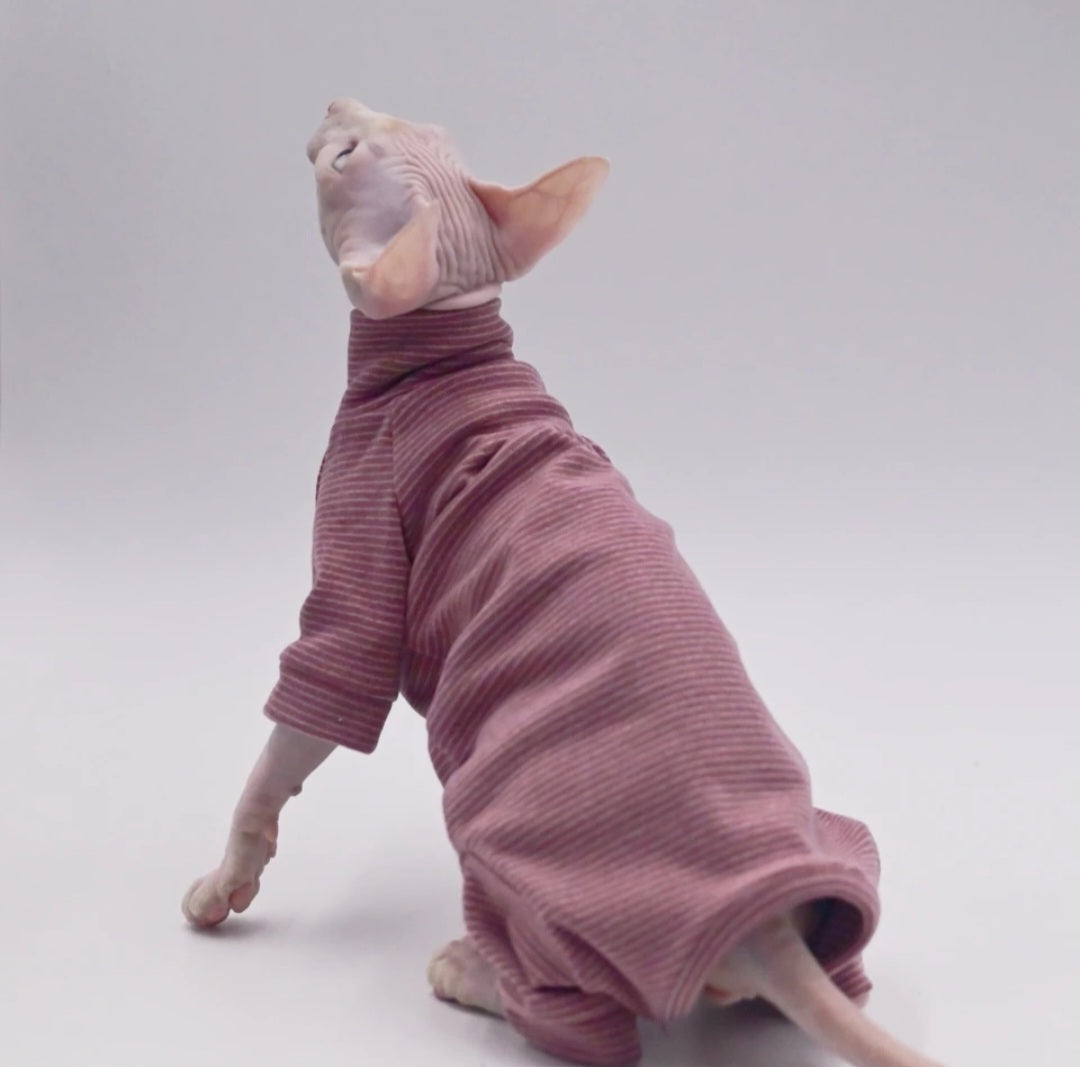 Striped Sphynx Cat 4-Leg Full Body Jumpsuit - Stonewashed Burgundy