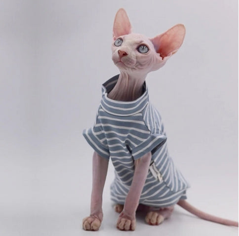 T-shirt rayé chat Sphynx - Bleu pâle
