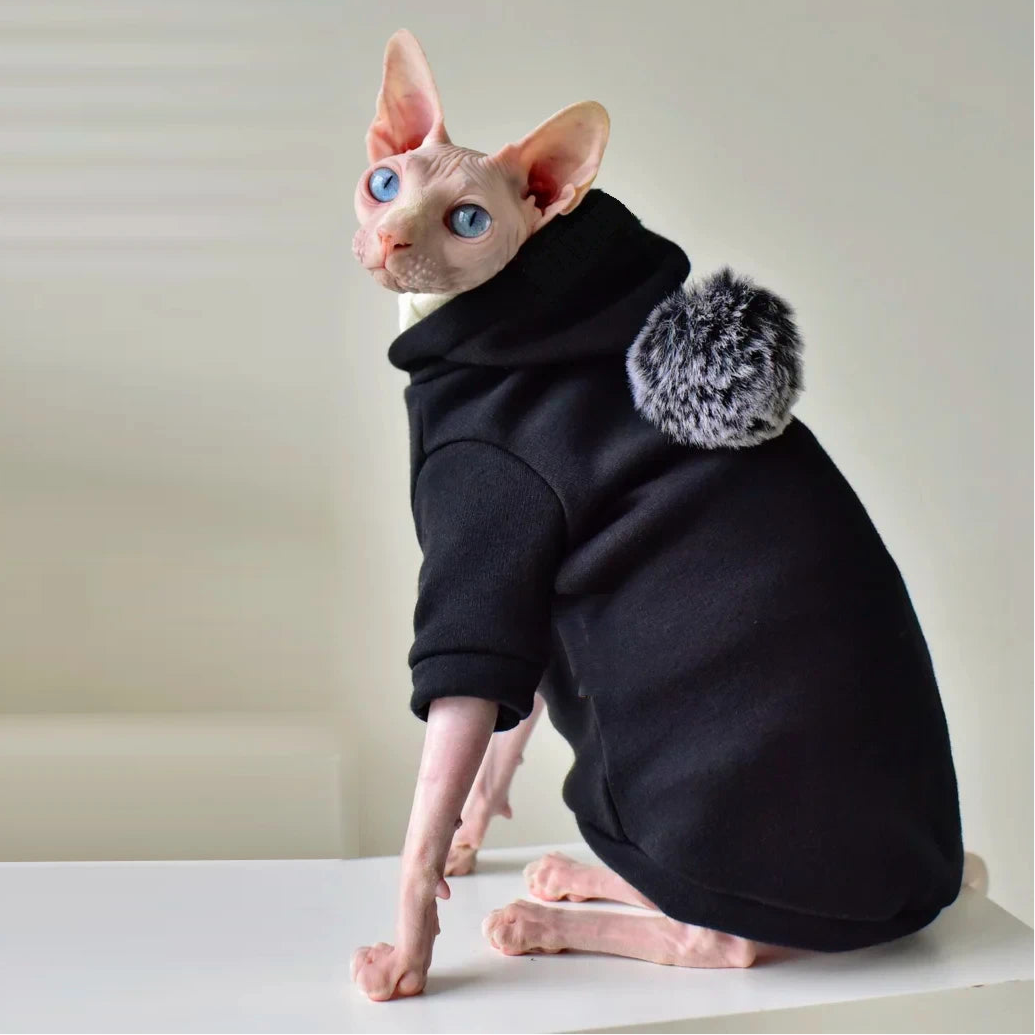 Pom Pom Sphynx Cat Hoody - Black