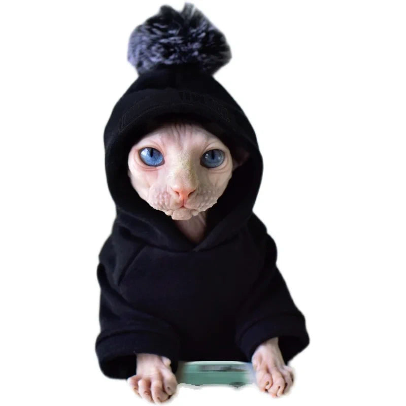 Pom Pom Sphynx Cat Hoody - Black