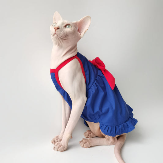 Blue & Red Bow Sphynx Cat Dress