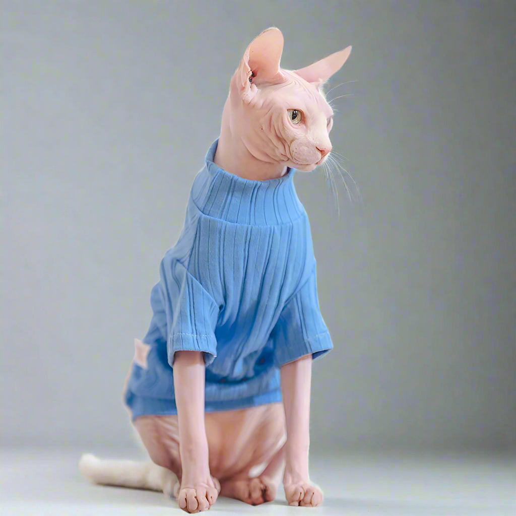 Ribbed Knit Sphynx Cat Sweater - Blue