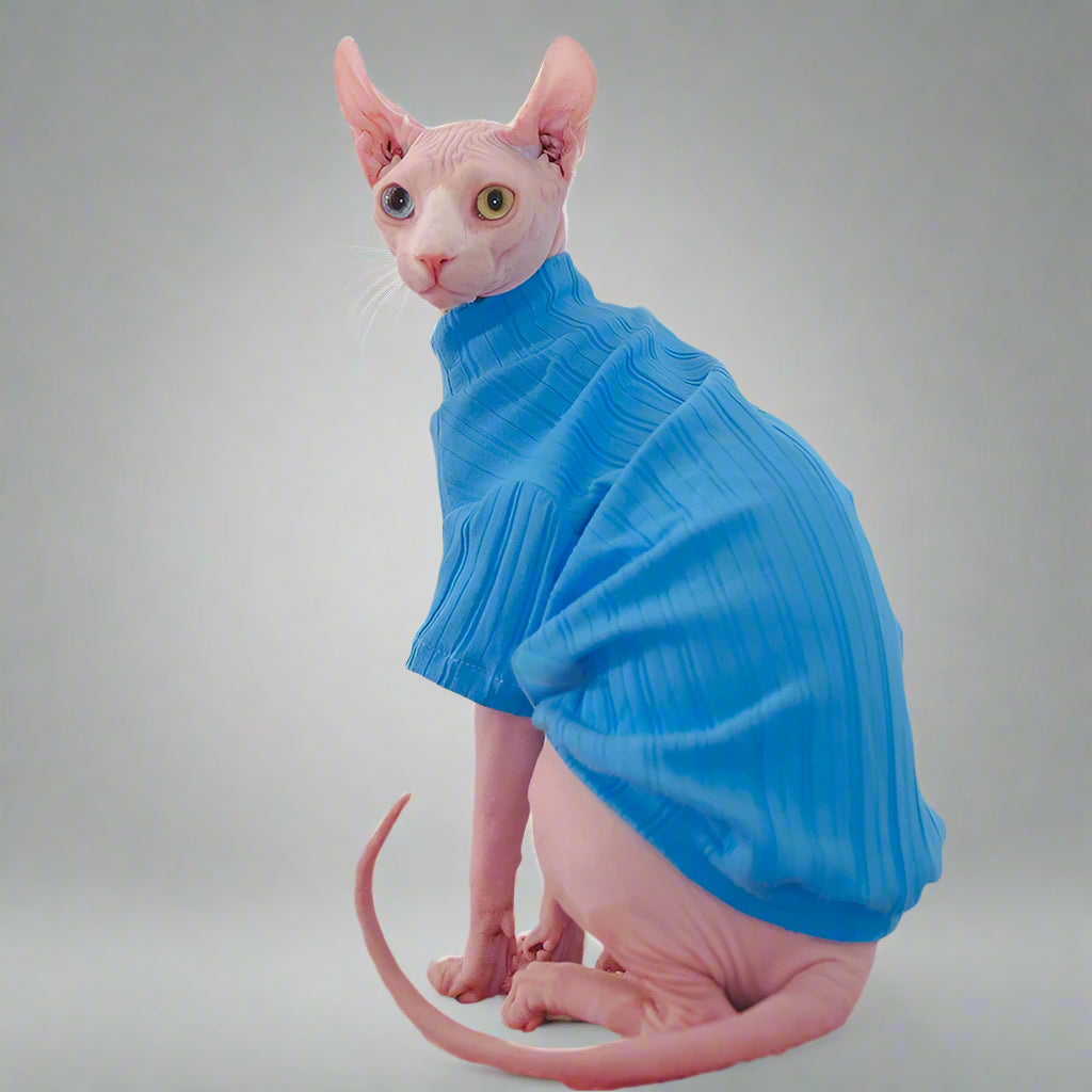 Ribbed Knit Sphynx Cat Sweater - Blue