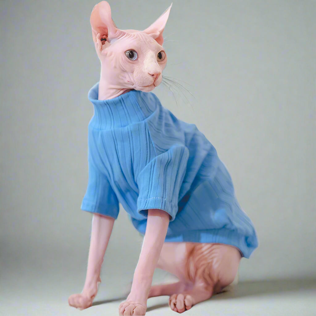 Ribbed Knit Sphynx Cat Sweater - Blue