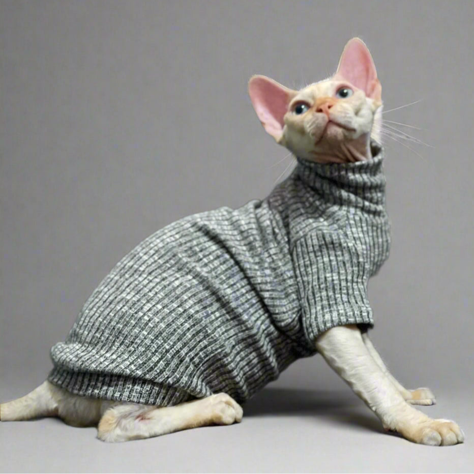 Ribbed Knit Sphynx Cat Sweater - Grey