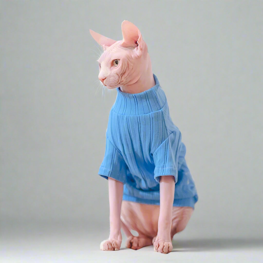 Ribbed Knit Sphynx Cat Sweater - Blue