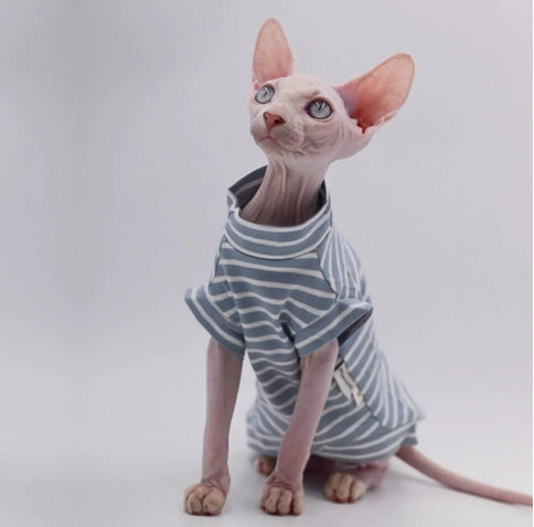 Sphynx Cat Striped T-shirt - Pale Blue