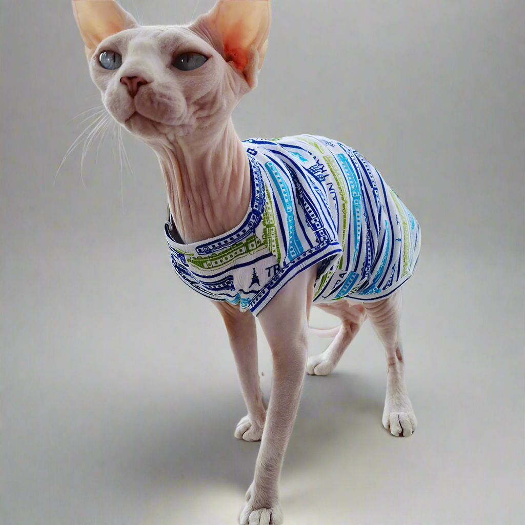 Blue Transport Themed Sphynx Cat Vest