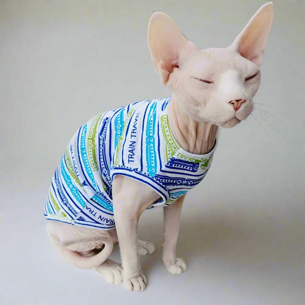 Blue Transport Themed Sphynx Cat Vest